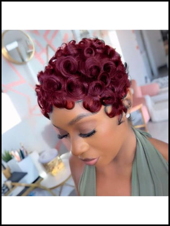 Short Pixie Cut Curly Human Hair Wig with Bangs, Layered, Full Cap main image 4
